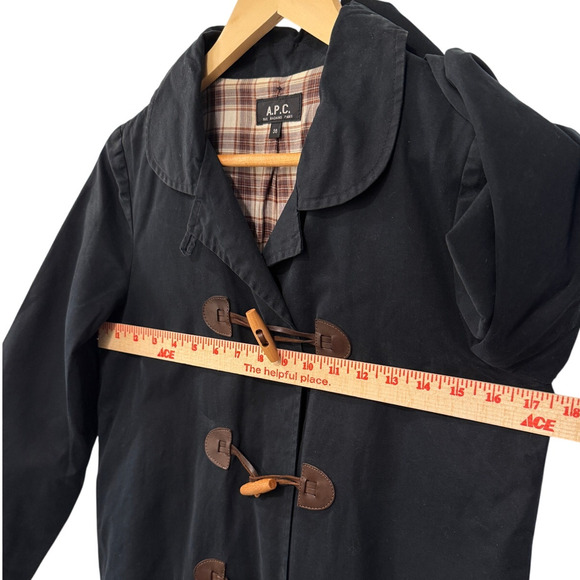 APC Paris S Wax Coated $495 Leather Toggle Duffle Coat Plaid Lined Jacket Black - Picture 9 of 12